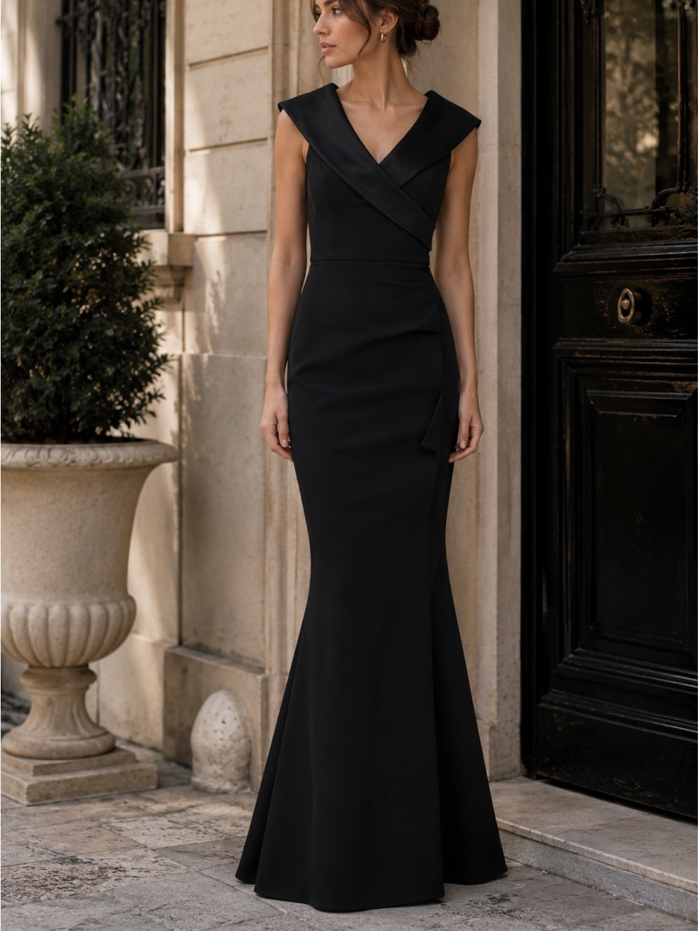 Chiara Boni Fiy Satin Trim Mermaid Gown Maxi Dress in Nero Black Size 4
